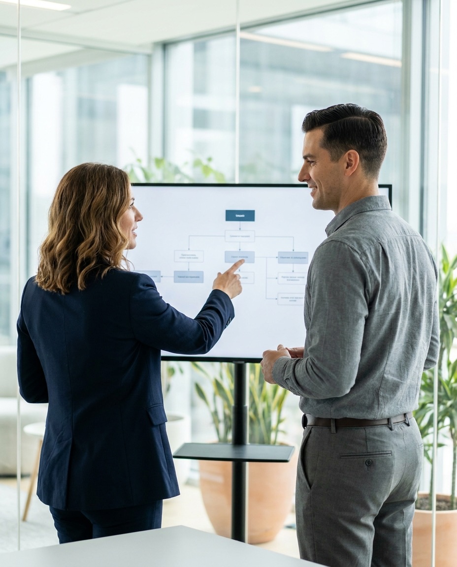Two members of the Uplift team reviewing an agent's plan on a large screen